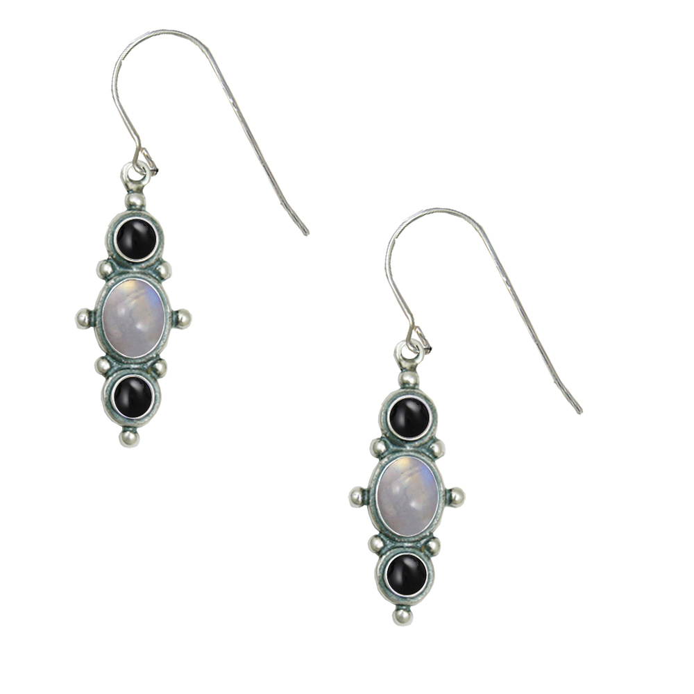 Sterling Silver Drop Dangle Earrings With Rainbow Moonstone And Black Onyx